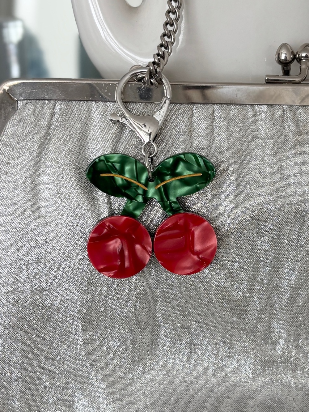 Cherry Bag Charm Pearlescent Red and Green Lobster Claw Keychain - Picture 6 of 8